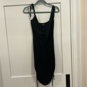 Slinky cowl ruched tie mini dress in black